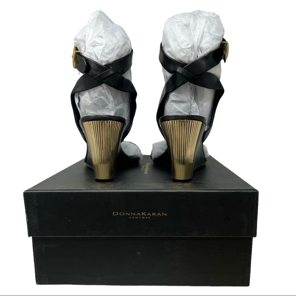 Donna Karan New York Black Leather Wedge Sandals NIB Gold Accent Size 8 - Picture 4 of 10